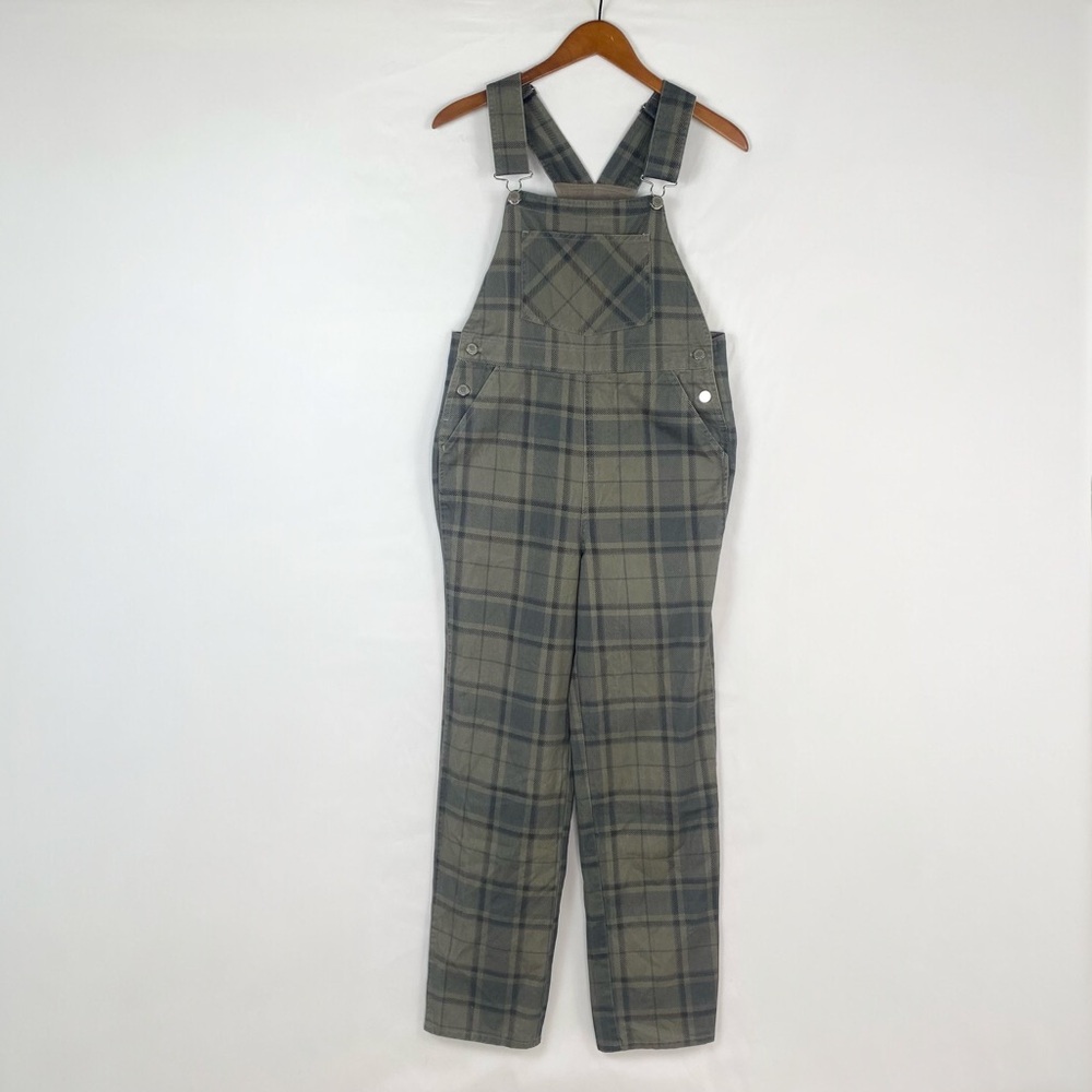 WeWoreWhat Plaid Overalls Denim Dark Olive Combo Straight Leg Size Xs Pocket